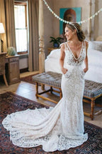 Vestido de novia NumberSea con escote en V, corte sirena, sin mangas, espalda descubierta, encaje, bolsillos y cola de corte, MW398