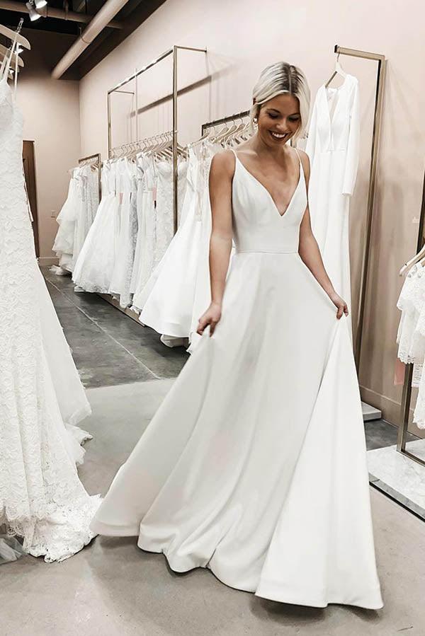 NumberSea - Vestidos de novia largos de satén suave con escote en V y tirantes finos, vestidos de novia sencillos, MW399