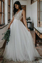 NumberSea Simple A-ine V-neck Open Back Tulle & Lace Wedding Dresses,Beach Wedding Dresses