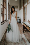 NumberSea Simple A-ine V-neck Open Back Tulle & Lace Wedding Dresses,Beach Wedding Dresses