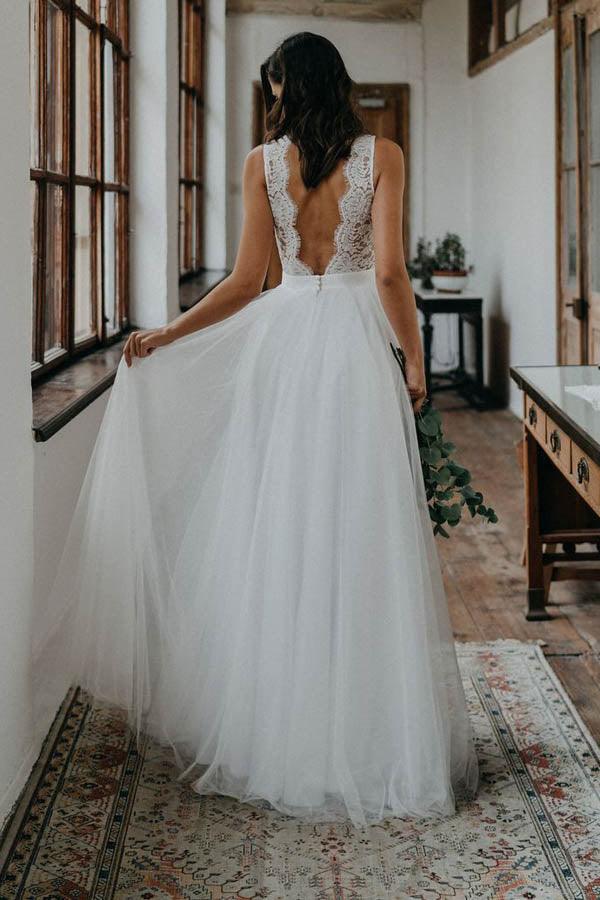 NumberSea Simple A-ine V-neck Open Back Tulle & Lace Wedding Dresses,Beach Wedding Dresses