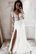Vestido de novia NumberSea sencillo, corte A, escote en V, espalda abierta, mangas largas, encaje y abertura, MW410