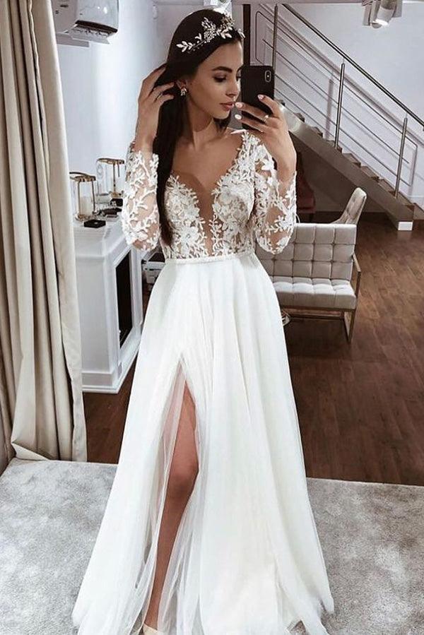 Vestido de novia NumberSea sencillo, corte A, escote en V, espalda abierta, mangas largas, encaje y abertura, MW410