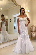 Vestidos de novia largos de sirena con encaje y hombros descubiertos de NumberSea online, vestidos de novia económicos, MW424