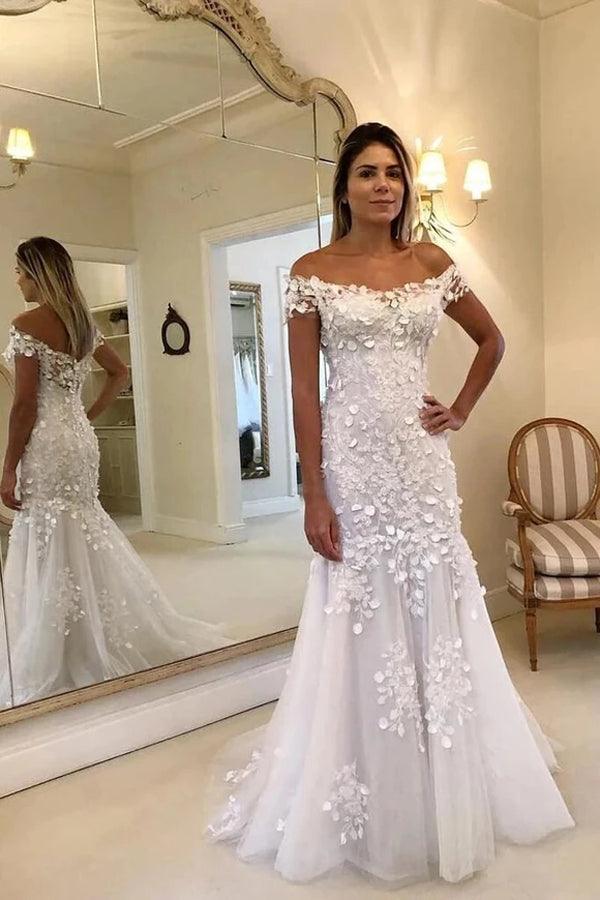 Vestidos de novia largos de sirena con encaje y hombros descubiertos de NumberSea online, vestidos de novia económicos, MW424