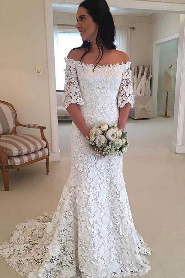 Vestidos de novia NumberSea con hombros descubiertos, encaje y mangas cortas, baratos online, MW425