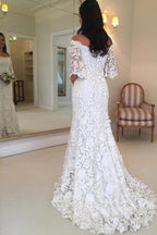 Vestidos de novia NumberSea con hombros descubiertos, encaje y mangas cortas, baratos online, MW425