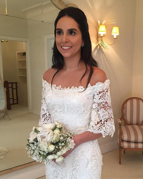 Vestidos de novia NumberSea con hombros descubiertos, encaje y mangas cortas, baratos online, MW425