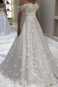 Vestidos de novia largos de encaje con corte A y hombros descubiertos de NumberSea online, vestidos de novia económicos, MW426