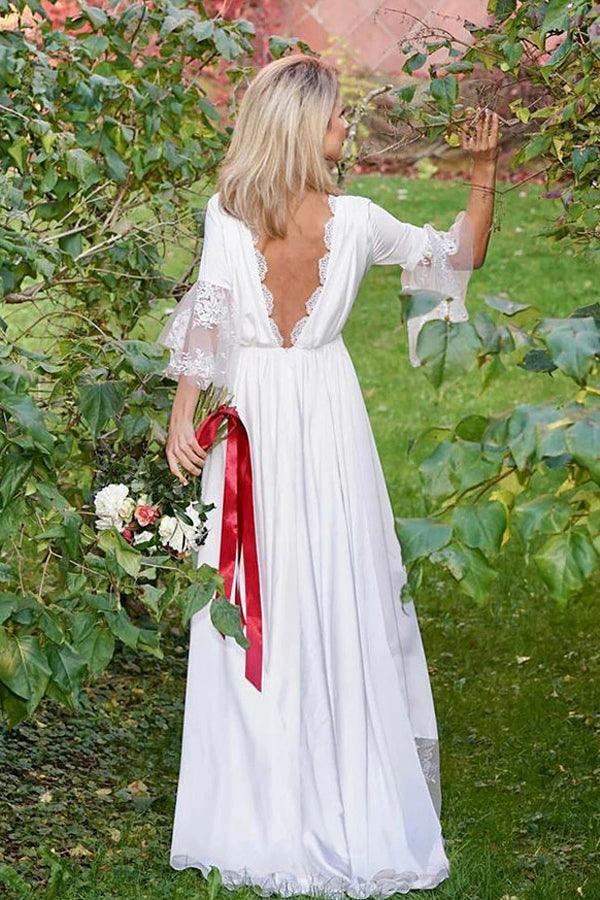 Vestido de novia bohemio NumberSea de satén, corte A, escote en V, espalda en V, mangas 3/4 y encaje, MW432