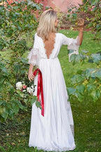 Vestido de novia bohemio NumberSea de satén, corte A, escote en V, espalda en V, mangas 3/4 y encaje, MW432