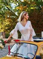 Vestido de novia bohemio NumberSea de satén, corte A, escote en V, espalda en V, mangas 3/4 y encaje, MW432