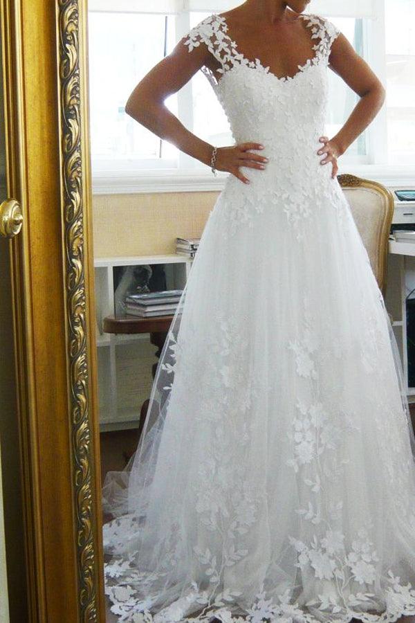 Vestido de novia sencillo NumberSea con escote en V, corte A, cola de cepillo y encaje blanco, MW433