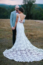 Vestido de novia de sirena con encaje, escote en V, sin mangas y espalda abierta de NumberSea, MW437