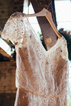 Vestido de novia NumberSea brillante, romántico, corte A, escote en V, gasa con pedrería, MW442