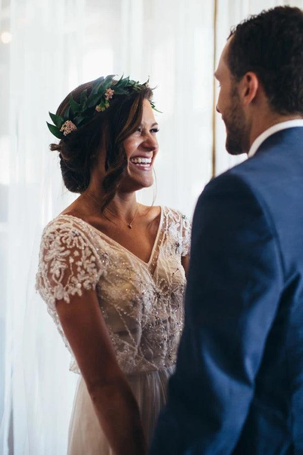 Vestido de novia NumberSea brillante, romántico, corte A, escote en V, gasa con pedrería, MW442
