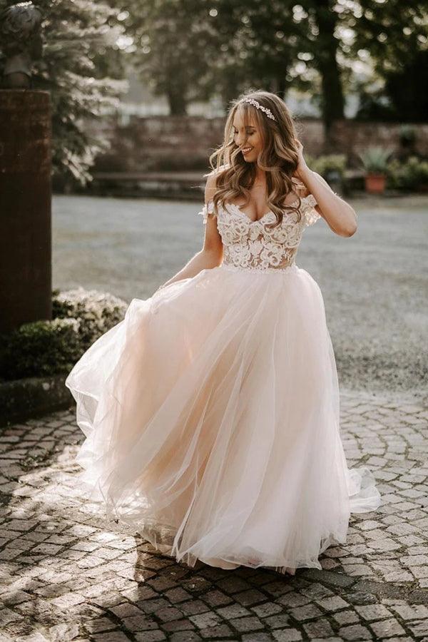 Preciosos vestidos de novia NumberSea con apliques, corte A y mangas cortas de tul, MW443