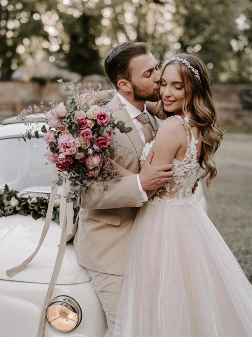 Preciosos vestidos de novia NumberSea con apliques, corte A y mangas cortas de tul, MW443
