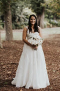 Vestido de novia NumberSea sencillo de gasa, corte A, escote en V, cola larga y sin mangas, MW446