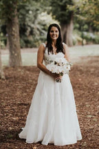 Vestido de novia NumberSea sencillo de gasa, corte A, escote en V, cola larga y sin mangas, MW446