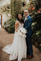 Vestido de novia NumberSea sencillo de gasa, corte A, escote en V, cola larga y sin mangas, MW446
