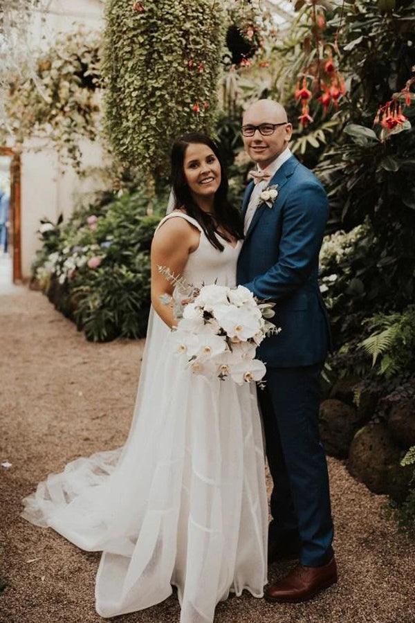 Vestido de novia NumberSea sencillo de gasa, corte A, escote en V, cola larga y sin mangas, MW446