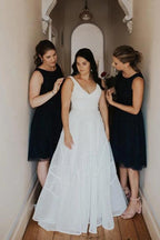 Vestido de novia NumberSea sencillo de gasa, corte A, escote en V, cola larga y sin mangas, MW446