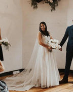 Vestido de novia NumberSea sencillo de gasa, corte A, escote en V, cola larga y sin mangas, MW446
