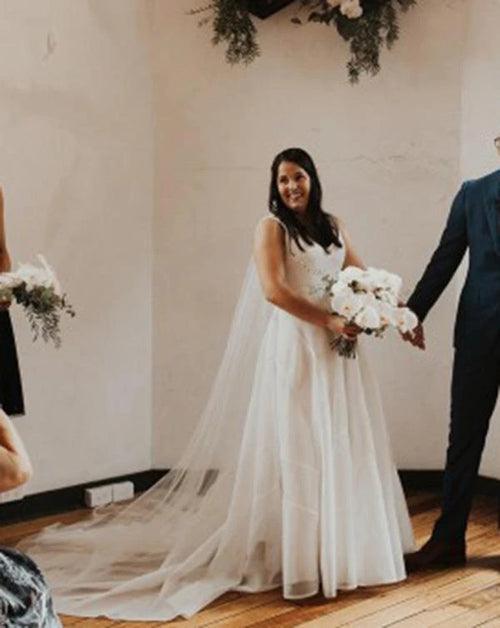 Vestido de novia NumberSea sencillo de gasa, corte A, escote en V, cola larga y sin mangas, MW446