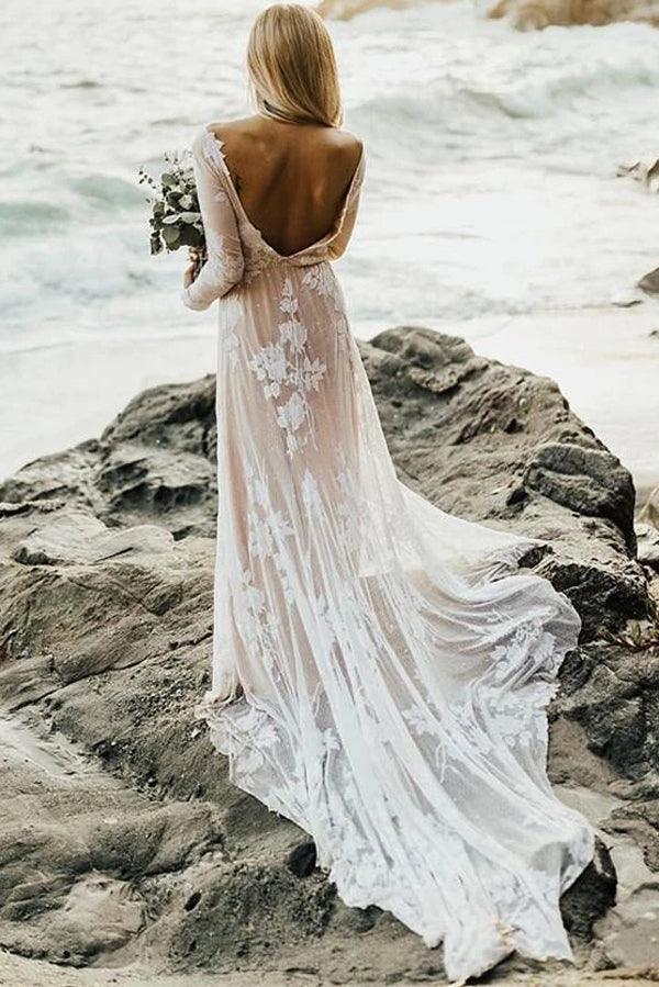 Vestido de novia bohemio NumberSea, con escote en A, mangas largas y espalda descubierta, MW448