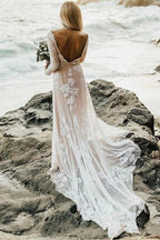 Vestido de novia bohemio NumberSea, con escote en A, mangas largas y espalda descubierta, MW448