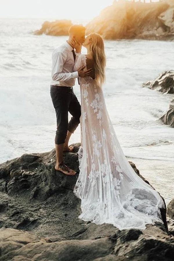 Vestido de novia bohemio NumberSea, con escote en A, mangas largas y espalda descubierta, MW448