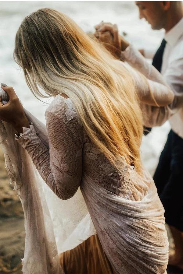 Vestido de novia bohemio NumberSea, con escote en A, mangas largas y espalda descubierta, MW448