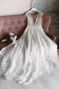 Vestido de novia NumberSea de tul blanco con escote en V, sin mangas, espalda abierta, largo, con encaje y flores, MW462