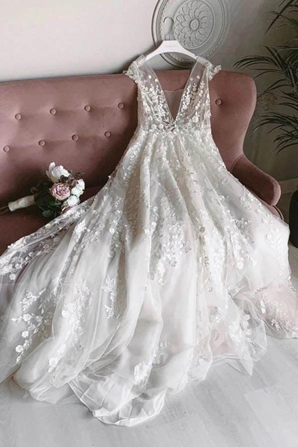 Vestido de novia NumberSea de tul blanco con escote en V, sin mangas, espalda abierta, largo, con encaje y flores, MW462