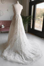 Vestido de novia NumberSea de tul blanco con escote en V, sin mangas, espalda abierta, largo, con encaje y flores, MW462