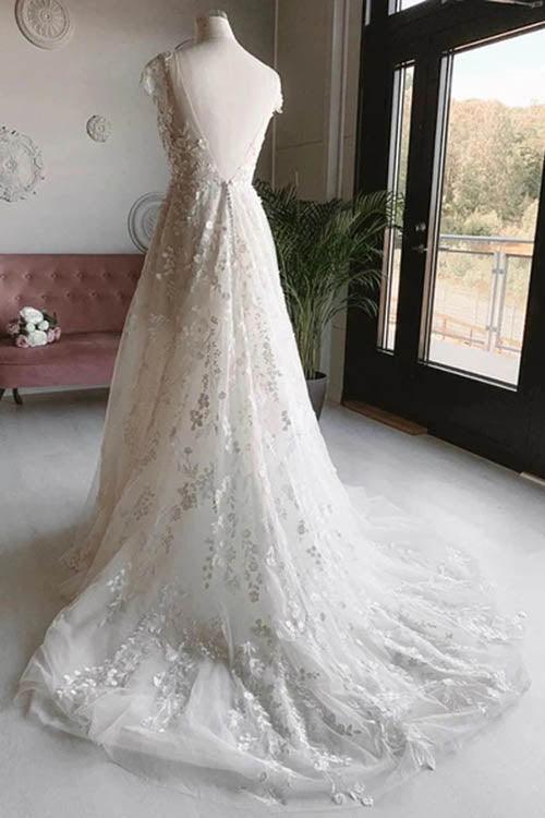 Vestido de novia NumberSea de tul blanco con escote en V, sin mangas, espalda abierta, largo, con encaje y flores, MW462