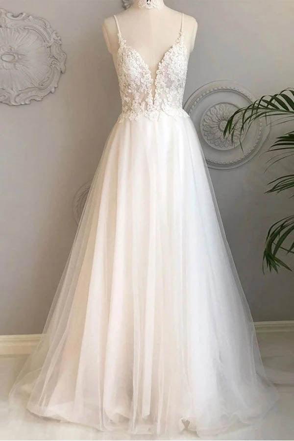 Vestidos de novia de playa NumberSea sencillos con tirantes finos, corte A, de encaje, MW463