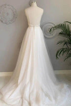 Vestidos de novia de playa NumberSea sencillos con tirantes finos, corte A, de encaje, MW463
