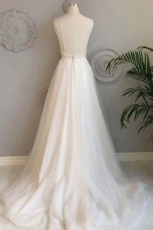 Vestidos de novia de playa NumberSea sencillos con tirantes finos, corte A, de encaje, MW463
