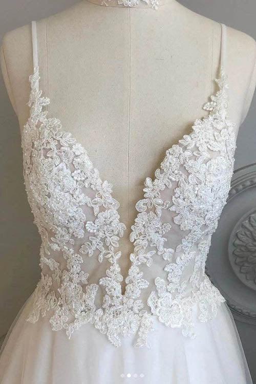 Vestidos de novia de playa NumberSea sencillos con tirantes finos, corte A, de encaje, MW463