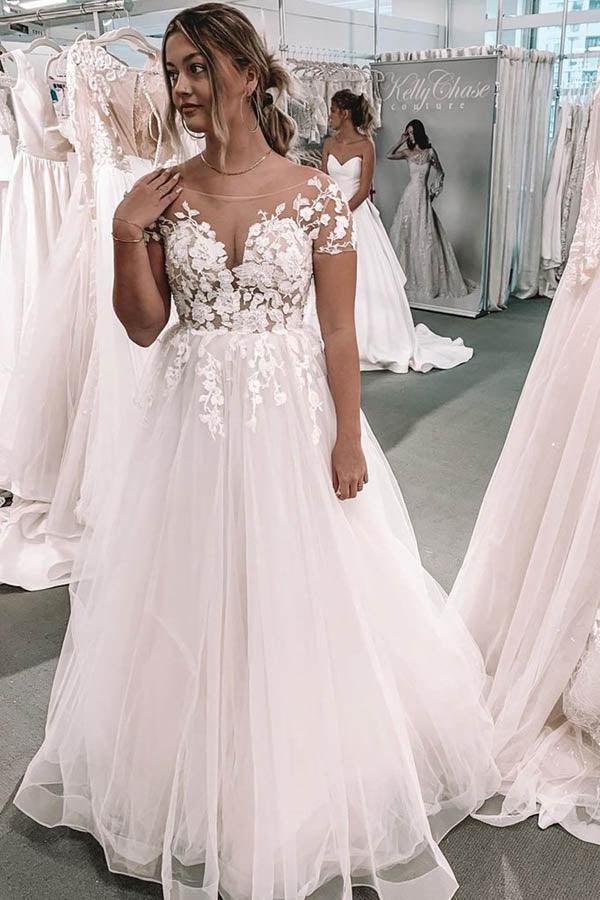 Vestido de novia NumberSea con escote en V, mangas cortas, espalda descubierta y apliques, MW464