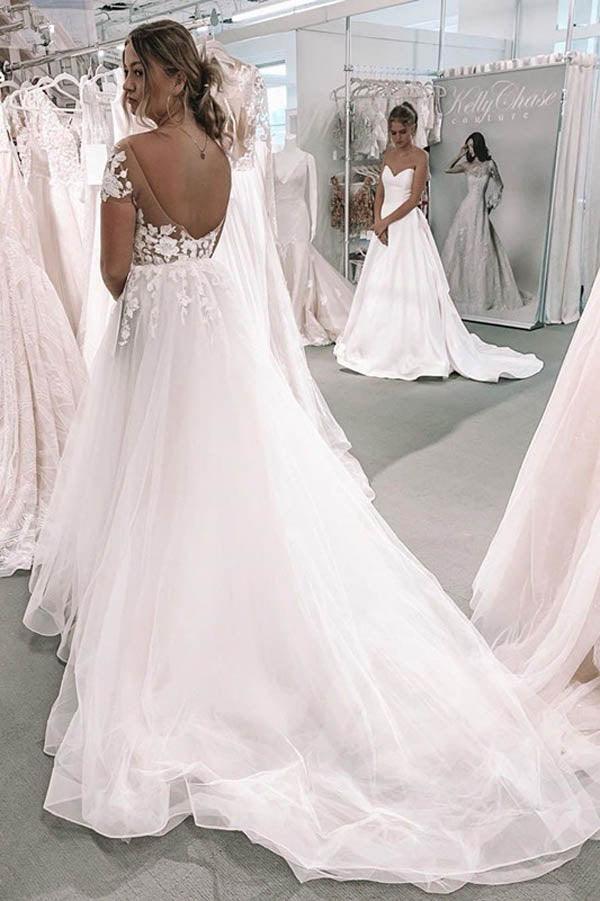 Vestido de novia NumberSea con escote en V, mangas cortas, espalda descubierta y apliques, MW464