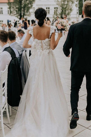 NumberSea Tulle Off the shoulder A-line Sweep Train Wedding Dresses With Appliques,MW469
