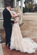 Vestido de novia NumberSea de tul con escote en V, manga larga y encaje, con cola, MW483