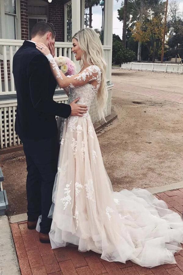 Vestido de novia NumberSea de tul con escote en V, manga larga y encaje, con cola, MW483