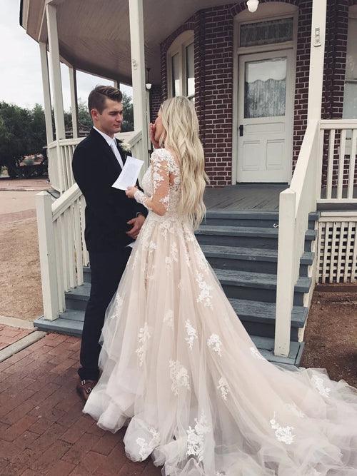 Vestido de novia NumberSea de tul con escote en V, manga larga y encaje, con cola, MW483