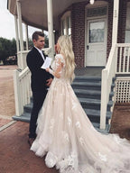 Vestido de novia NumberSea de tul con escote en V, manga larga y encaje, con cola, MW483
