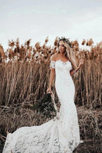 Vestido de novia de playa NumberSea con encaje estilo sirena rústico color marfil y escote ilusión, MW488