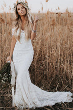 Vestido de novia de playa NumberSea con encaje estilo sirena rústico color marfil y escote ilusión, MW488